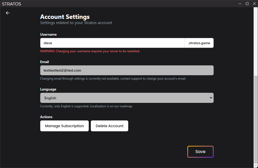 Screenshot of the settings page. A form for entering a new username is
present.