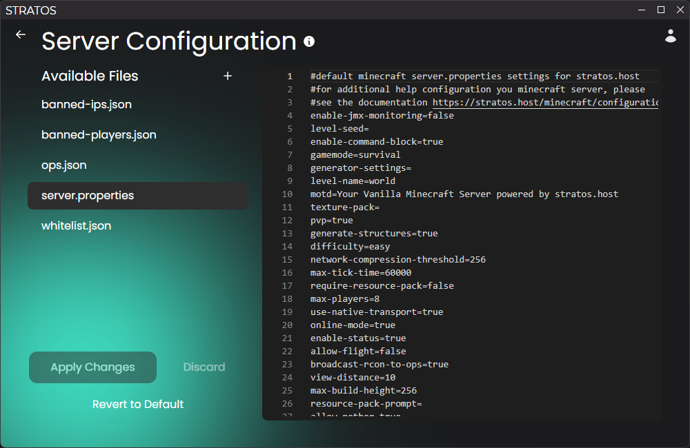 Screenshot of the configuration screen. There is a list of files on
the left, an editor with the selected file's contents on the right, as
well buttons for applying, discarding, and reverting to
defaults.