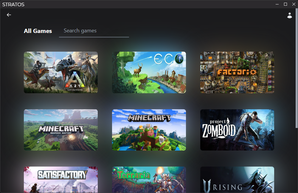 Screenshot of the full list of supported games. There is an image of Valheim
and an image of Minecraft that are clickable as well as a button to view
all games below it.