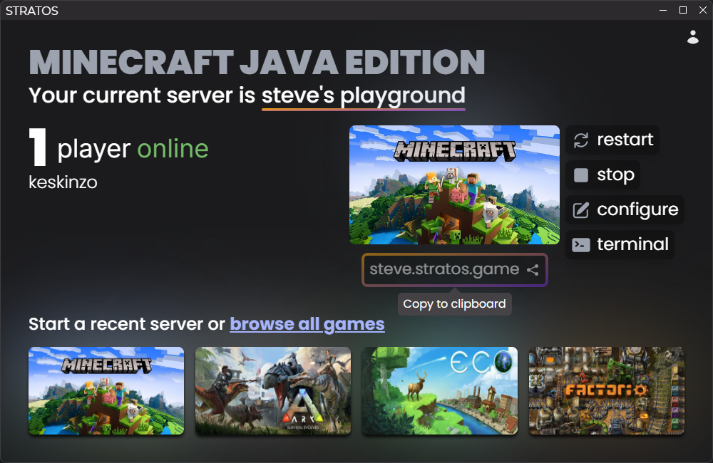 Screenshot of the home page with a server that is online and has 1 player
connected. There is a button to restart the the server, a button to stop
the server, a button to configure the server files, a button to view the
server terminal, and a button to copy the server's URL