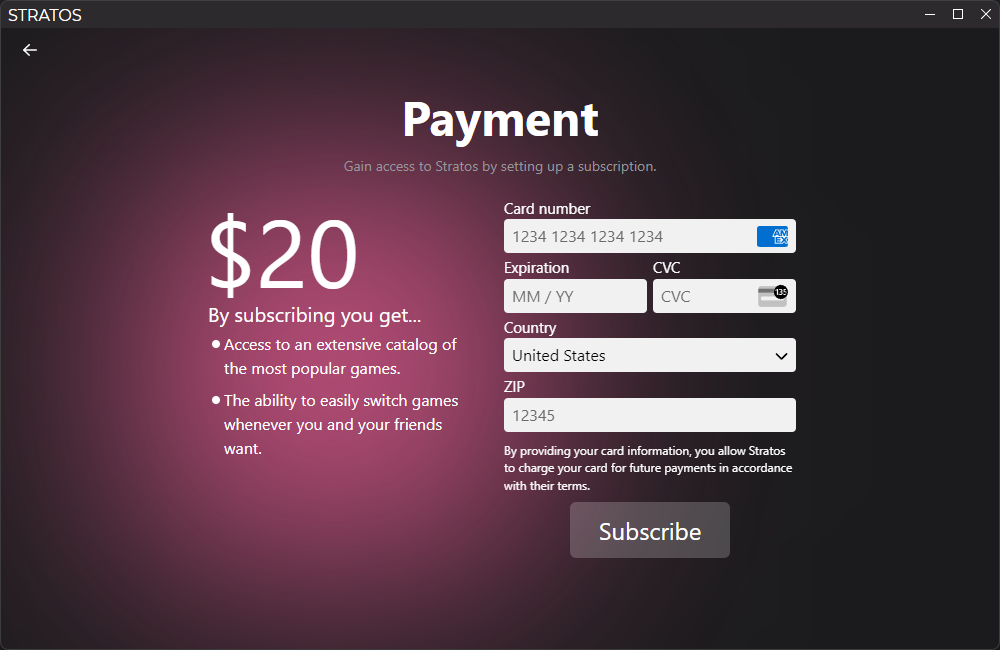 Screenshot of the subscription details page. A form for entering credit
card information is on the page.