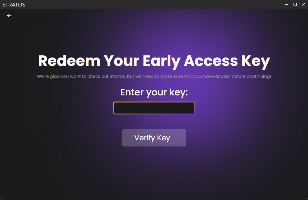 Screenshot of the early access key prompt. A single form field where one
can enter the early access key and a button to submit below it are in the
middle of the image.