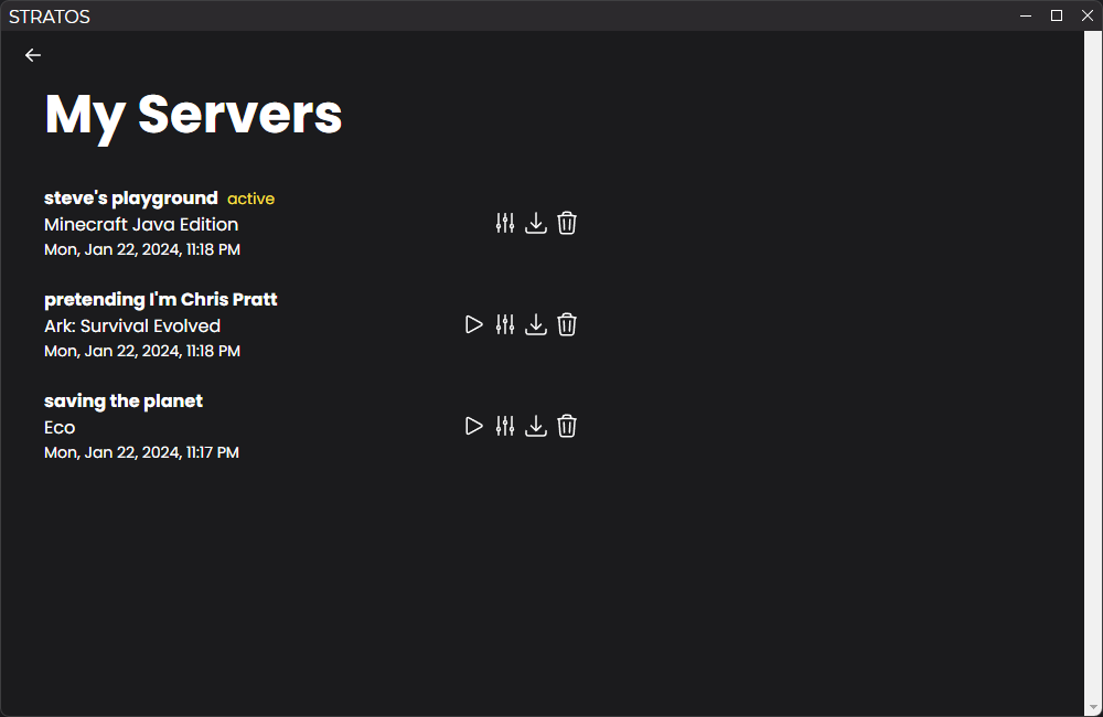 Screenshot of the my servers screen. There is a list of servers with
action buttons next to each.